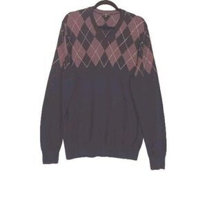 Gap Men's Size L Navy/Purple Cotton/Wool Argyle V-Neck Warm and Comfy Sweater